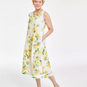 Charter Club Women's 100% Linen Floral-Print Sleeveless Midi Dress sz Medium